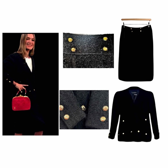 Chanel Boutique Luxury Vintage  Black Wool Tweed Jacket Skirt Suit Set - Picture 7 of 13